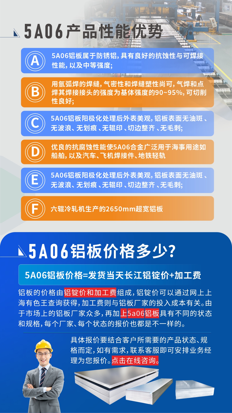 產(chǎn)品性能優(yōu)勢(shì)   

1、5A06鋁板屬于防銹鋁，具有良好的抗蝕性與可焊接性能，以及中等強(qiáng)度;

2、用氬弧焊的焊縫，氣密性和焊縫塑性尚可，氣焊和點(diǎn)焊其焊接接頭的強(qiáng)度為基體強(qiáng)度的90~95%，可切削性良好;

3、5A06鋁板陽(yáng)極化處理后外表美觀，鋁板表面無(wú)油斑 、無(wú)波浪、 無(wú)劃痕 、無(wú)輥印 、切邊整齊 、無(wú)毛刺;

4、優(yōu)良的抗腐蝕性能使5A06合金廣泛用于海事用途如船舶，以及汽車、飛機(jī)焊接件、地鐵輕軌;

5、六輥冷軋機(jī)生產(chǎn)的2650mm超寬鋁板;